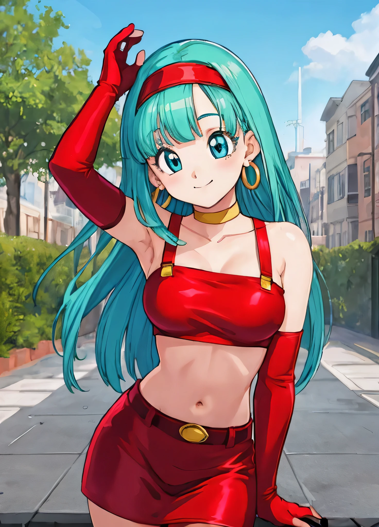 masterpiece, best quality, best quality, lifelike, perfect anatomy, perfect face, perfect eyes, aqua hair, brabladbgt, red headband, red gloves, Red cropped top, blue eyes, red pencil skirt, hoop earrings, collar, 1 girl, outdoor, sexy pose, smile
