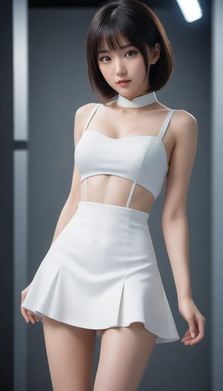8K, Ultra-high resolution, Highest quality, masterpiece, 三分割法によるphotograph,Surreal, photograph, 1 Girl, (:1.3), pretty girl, Cute face, Beautiful eyes in every detail, 細かくdetailedに,masterpiece,One Girl:1.2, Japan Female Announcer,whole body,from above,furious,Black Hair,Bob with bangs,Cyber city in sci-fi world,((Cyber Church)), (((Future Bridal Attire))), Pencil Skirt、Clothing with slits, skinny,Girl alone,Beautiful leg line beauty,Realistic Skin, Perfect and beautiful face ,完璧でCute face, Skin with attention to detail, Perfect limbs、Narrow waist、Thin legs),Looking at the audience、beauty,Long neck、(((Ideal body type))),A cup small breasts :2,Portraiture:2,Perfect Anatomy,鮮明なdetailed,detailed,Surreal,Light and shadow,darkness