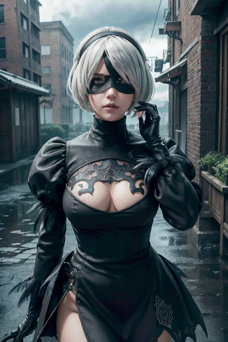 2B Nier Automata,Bobcut, Gray Hair,Long sleeve, Juliet Sleeve, White gloves, turtleneck, bangs, Feather ornament, Feather ornament sleeves, Blindfold, Black Goth Dress,Top view,Japanese Ultra HD,super high quality,masterpiece,Digital SLR,Photorealistic,Detailed details,Vivid details,Depicted in detail,A detailed face,Detailed details,Super Detail,Realistic skin texture,Anatomical basis,Perfect Anatomy,Anatomically correct hand,Anatomically correct fingers,Complex 3D rendering,Sexy pose,Rainy Sky,Beautiful scenery,Fantastic rainy sky,Fantasy worldview,Picturesque,Pink Lips,Black butterfly々Fluttering,A ruined world,A devastated battlefield,ruins,