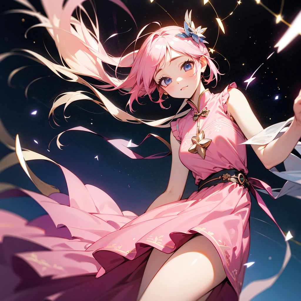high resolution、Constellation motif、Virgo Girl、Wearing a pink dress。Fantasy、beautiful、cute。Pop。
