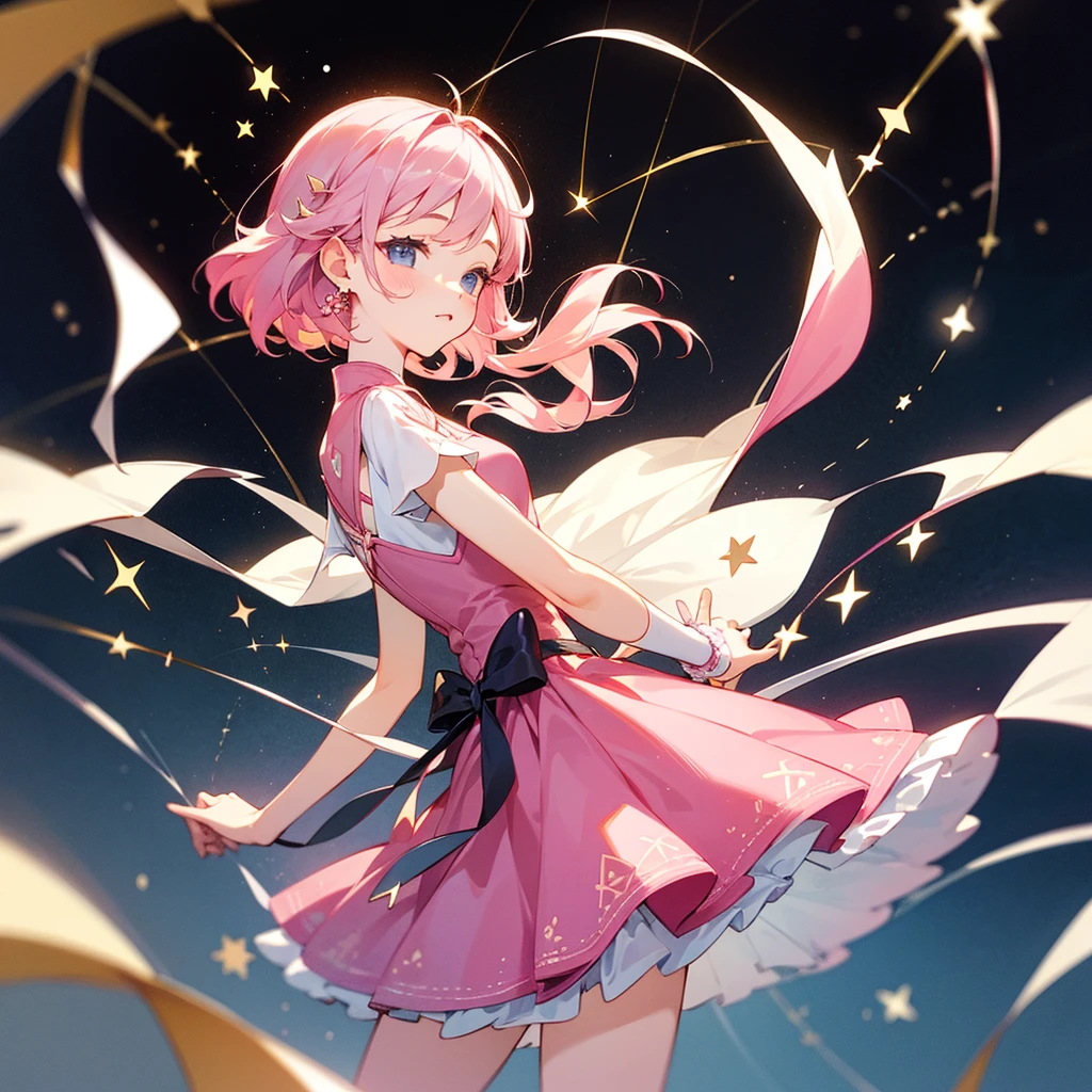high resolution、Constellation motif、Virgo Girl、Wearing a pink dress。Fantasy、beautiful、cute。Pop。