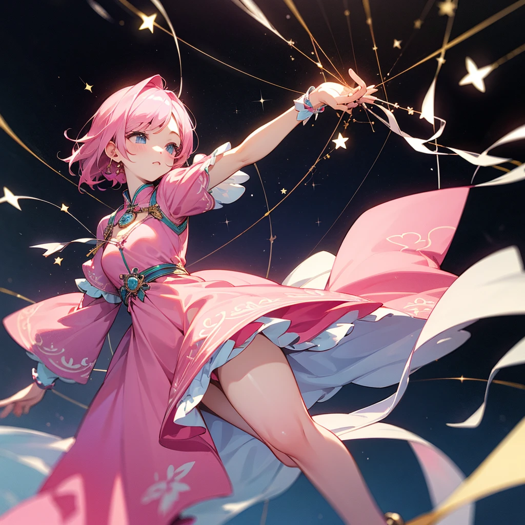 high resolution、Constellation motif、Virgo Girl、Wearing a pink dress。Fantasy、beautiful、cute。Pop。