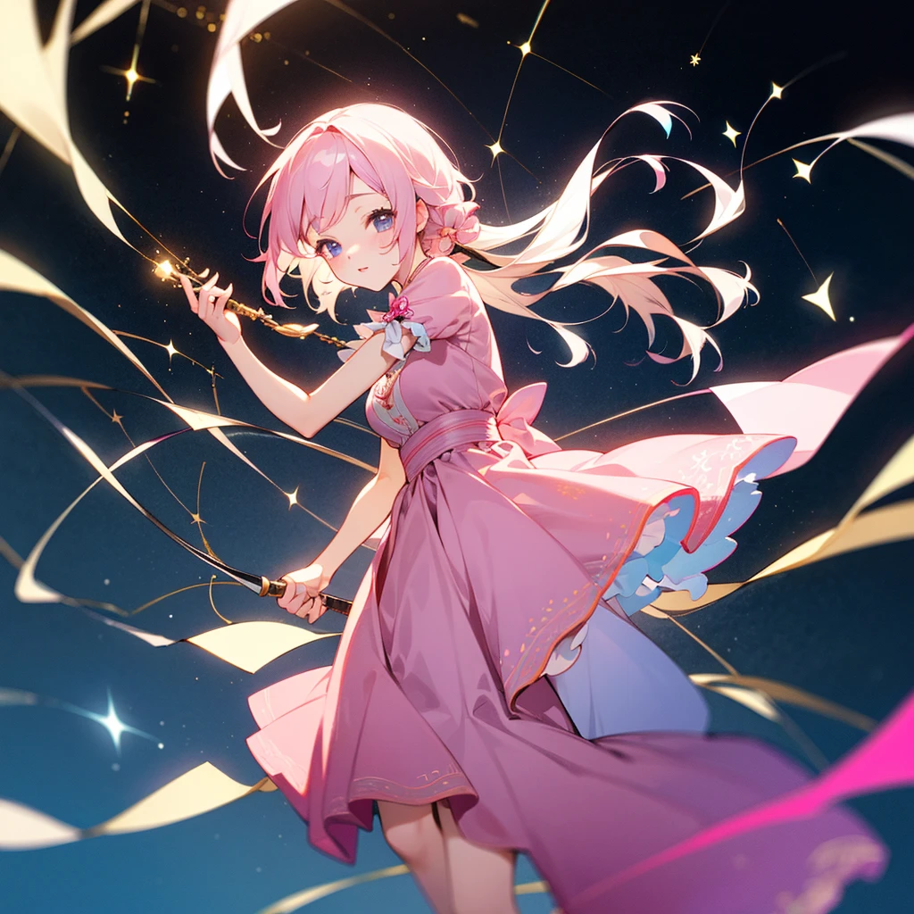 high resolution、Constellation motif、Virgo Girl、Wearing a pink dress。Fantasy、beautiful、cute。Pop。