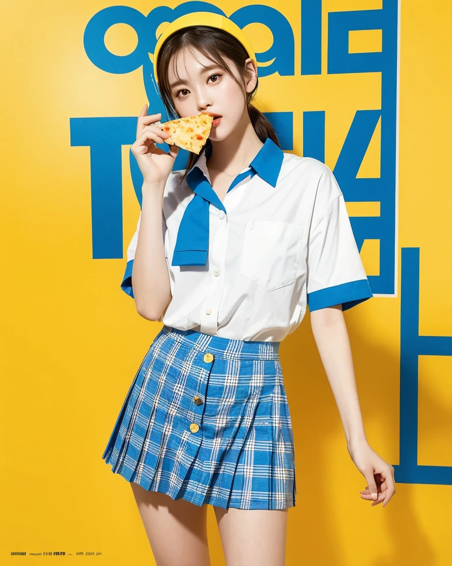 Realistic, 8K, masterpiece, RAW Photos, Highest quality, Realistic, 非常に詳細な CG Unity 8K 壁紙, Written boundary depth, Cinematic Light, Lens flare, Ray Tracing, Perfect lighting,short hair, (Delicate skin), (Delicate face), (Pop Background :1.1), person standing and watching、Comical movement,1 female、Headphones,(Yellow background),Modern Style,Artistic,moving composition,Unique Pattern,Bold Texture,colorful,Imaginative,Whimsical,Vibrant,like々Shii,Playful,Lively,creative,Expressive,stylish,trend,One Girl,Eating pizza、Coca-Cola Poster、Lemon on the background, (school uniform:1.2), ((loose style, tucked out tops):1.2), (fusion of oversized white tunic and blue collared-shirt with untucked:1.4), (short sleeve:1.3), (button-up:1.4), (black and blue plaid pattern pleated mini skirt:1.2), (thigh skin:1.4),