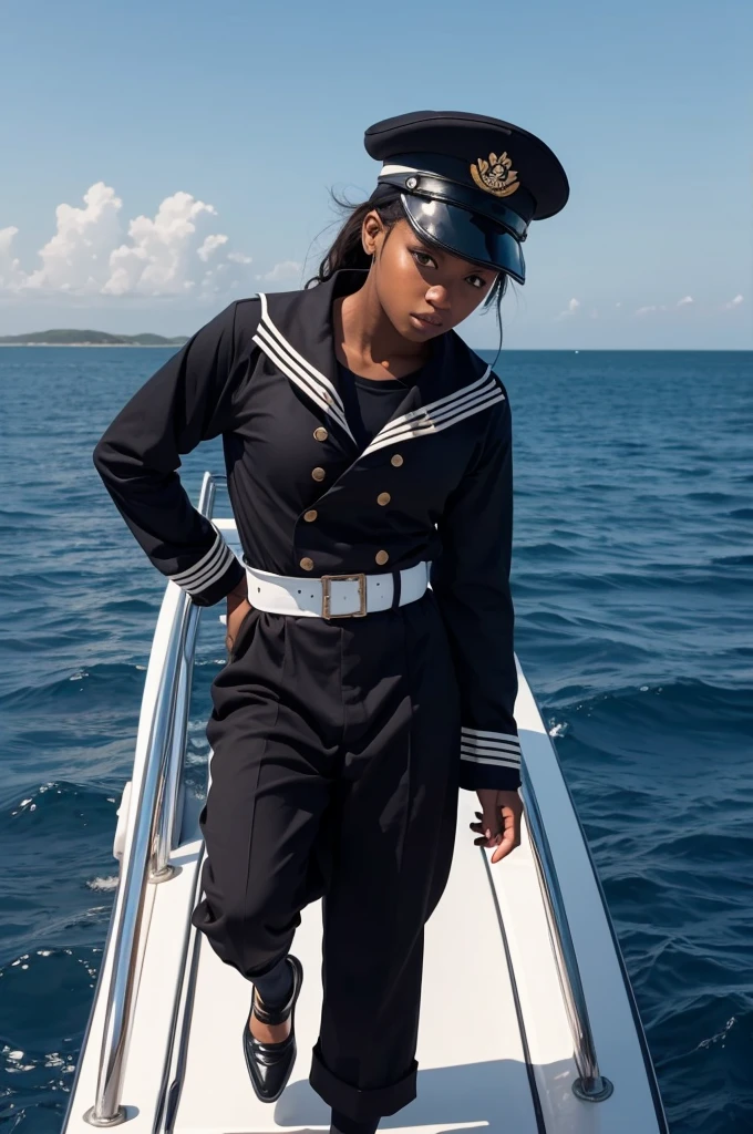 black sailor, on top of a boat at sea
