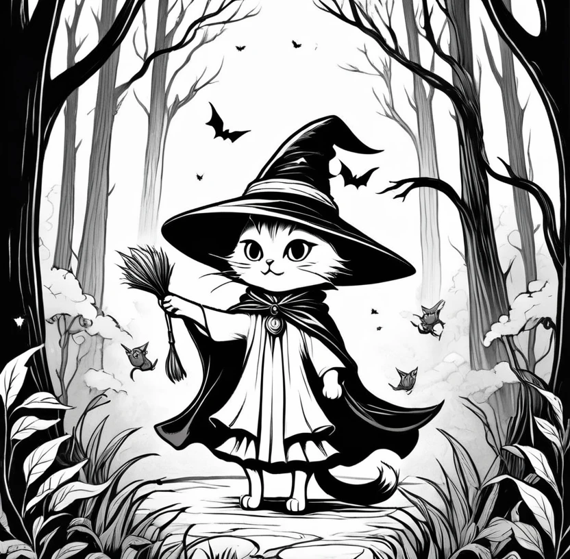 Witch Cat、Cute witch hat and cape、 Wizard cat casting a spell, forest、Full page illustration, Ink illustration、Coloring book illustration、Line art、Black and White、Monochrome、Outline Image
