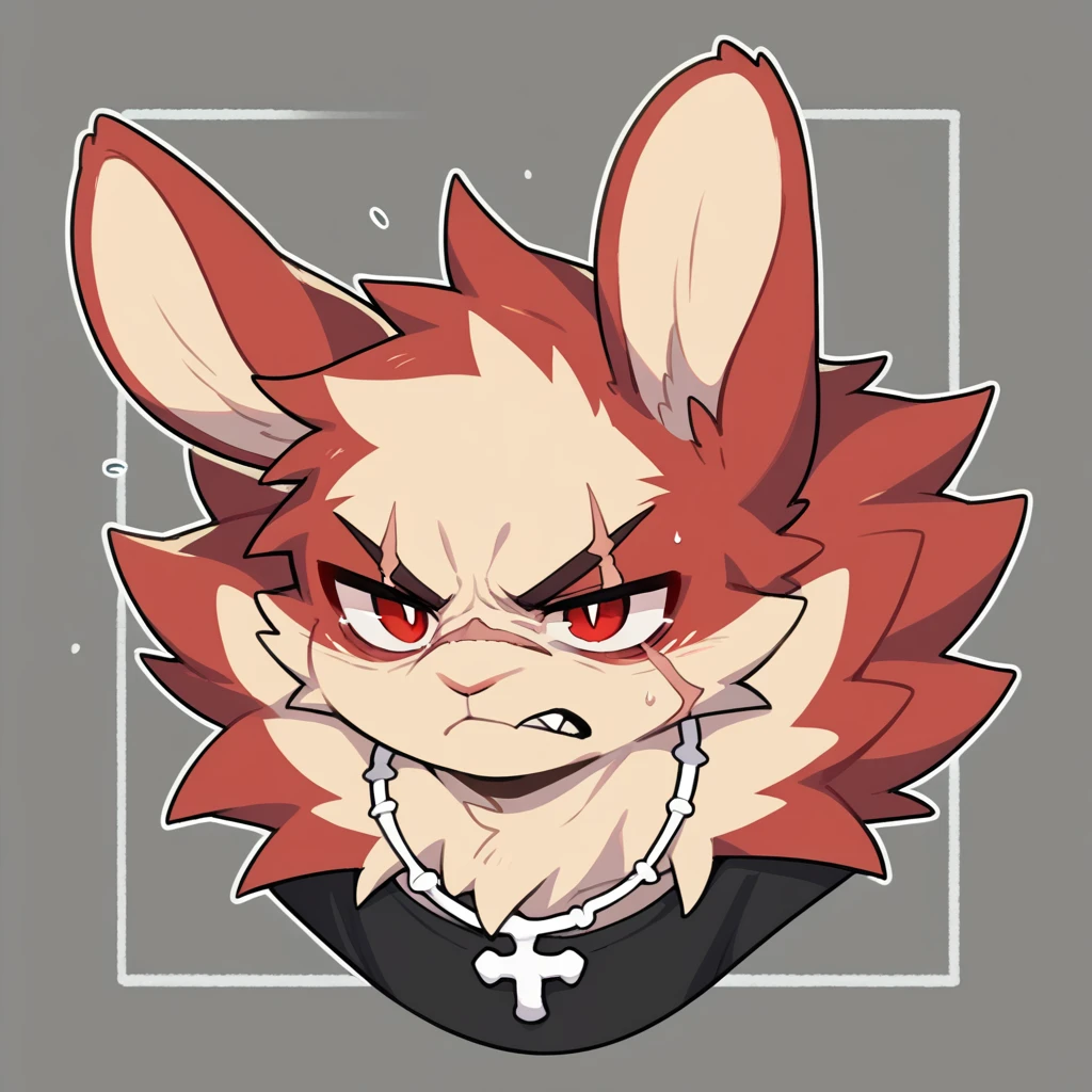 (Rabbit), anthropomorphic red rabbit, alone, (scar on left eye), (2-tone white and red fur), (neck), (perfect red eyes:1.4), （Artist:Takemoto Arashi）, twitch, mature face, older, clear facial details, Rough intimidating, flash, side of character, long eyelashes, fang, serius , Black shirt,  Bone necklace, exposing chest, ((show upper body)), ((Bust)), Full Length Portrait, Tonalism, Head Out of Frame, Outer Border, Tachi-E, High Details