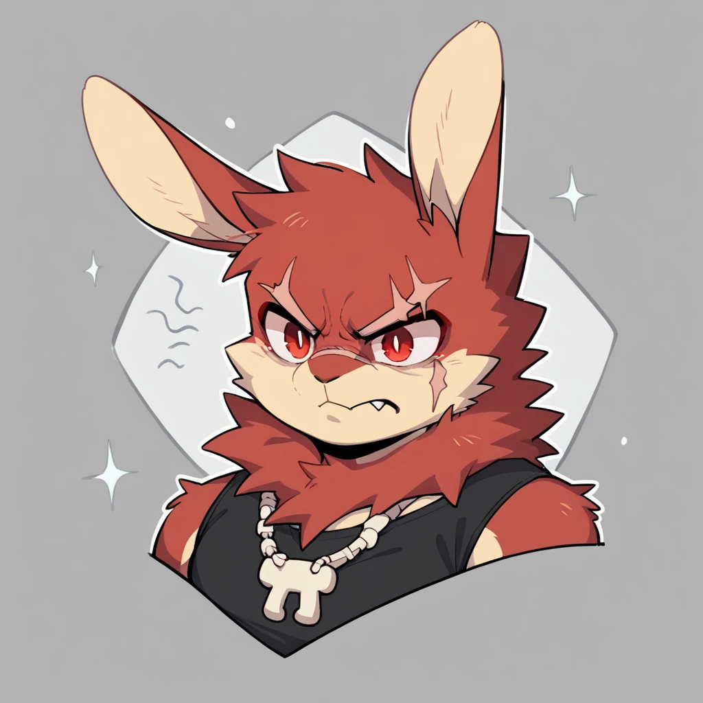 (Rabbit), anthropomorphic red rabbit, alone, (scar on left eye), (2-tone white and red fur), (neck), (perfect red eyes:1.4), （Artist:Takemoto Arashi）, twitch, mature face, older, clear facial details, Rough intimidating, flash, side of character, long eyelashes, fang, serius , Black shirt,  Bone necklace, exposing chest, ((show upper body)), ((Bust)), Full Length Portrait, Tonalism, Head Out of Frame, Outer Border, Tachi-E, High Details