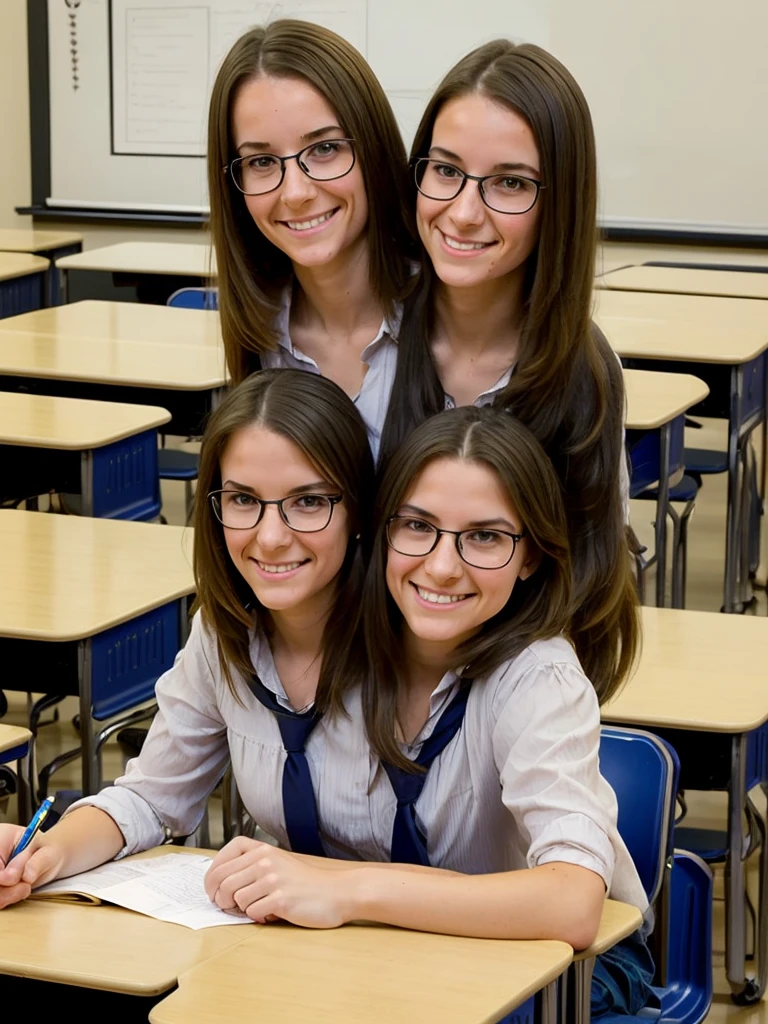 (conjoined_dicephalus), (2heads), 30-year-old French woman, shoulder-length hair, teaching a high school class