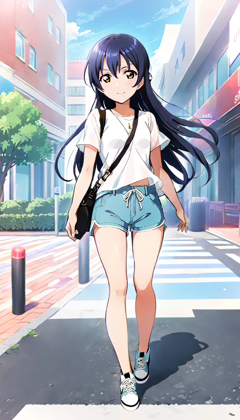 A girl, Sonoda Umi full body, wearing simple clothes going out in the city in midsummer, shorts, id_umi_sonoda, city background