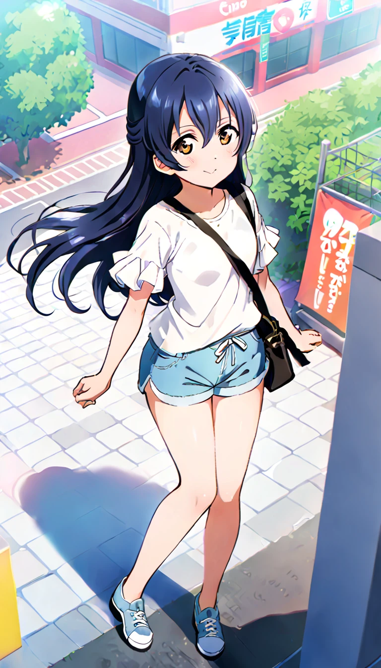 A girl, Sonoda Umi full body, wearing simple clothes going out in the city in midsummer, shorts, id_umi_sonoda, city background