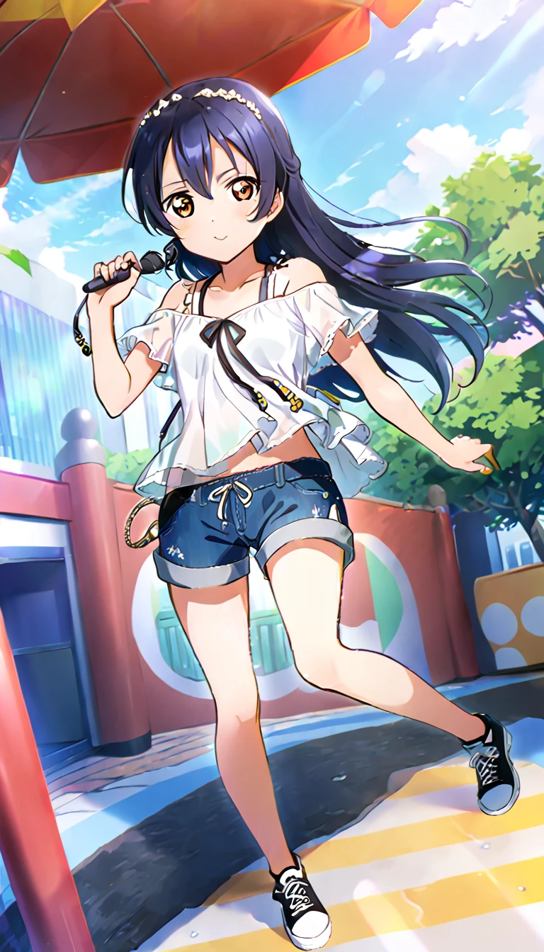 A girl, Sonoda Umi full body, wearing simple clothes going out in the city in midsummer, shorts, id_umi_sonoda, city background
