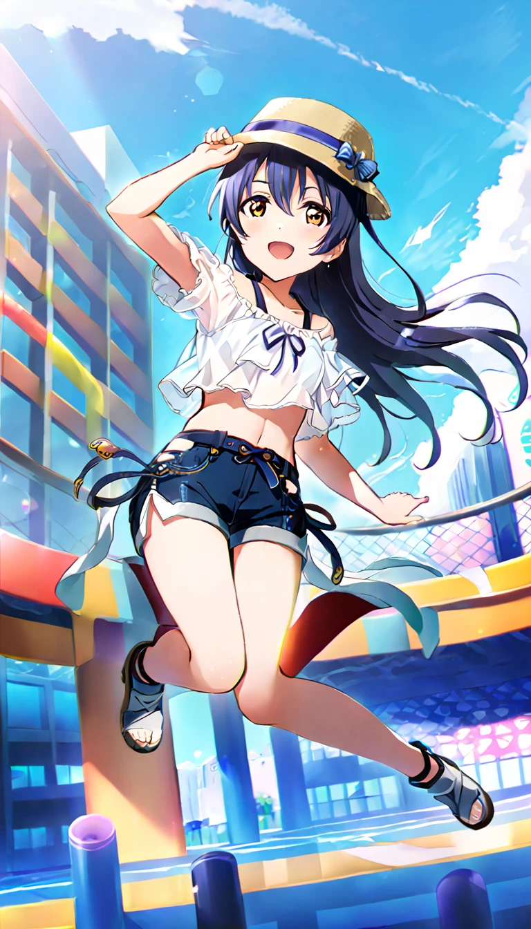 A girl, Sonoda Umi full body, wearing simple clothes going out in the city in midsummer, shorts, id_umi_sonoda, city background