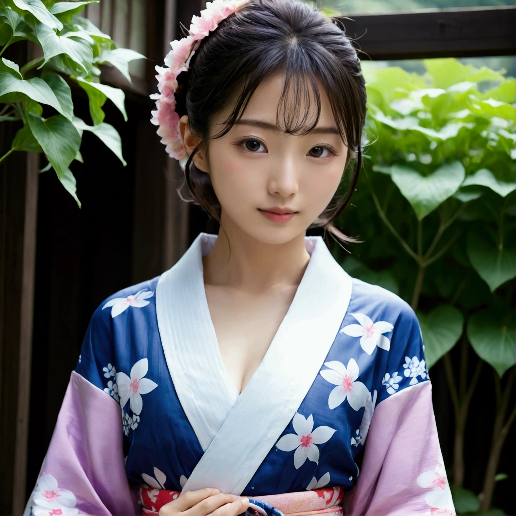 (masterpiece、high resolution、high quality)、Beautiful Japanese Women:1.3,Model Body Type、Beautiful body、Japanese Yukata、Soaring、night、Laughter、Clear Eyes、Flat Chest、Beautiful Skin、Yukata Beauty、Morning glory pattern yukata、Cool Summer、Professional Photography、