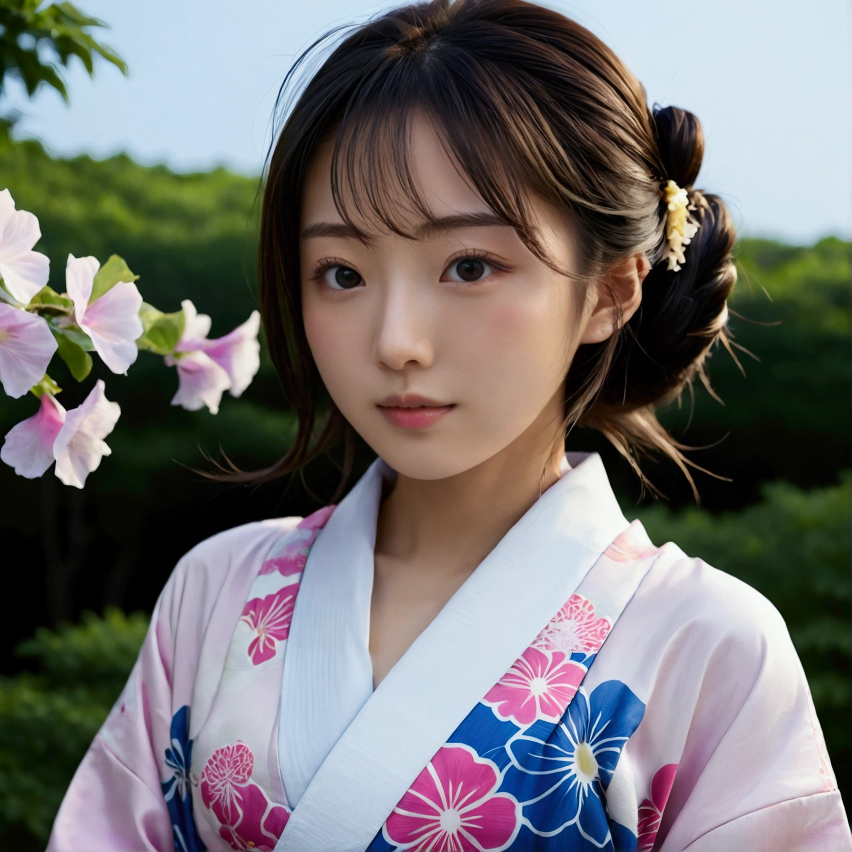 (masterpiece、high resolution、high quality)、Beautiful Japanese Women:1.3,Model Body Type、Beautiful body、Japanese Yukata、Soaring、night、Laughter、Clear Eyes、Flat Chest、Beautiful Skin、Yukata Beauty、Morning glory pattern yukata、Cool Summer、Professional Photography、