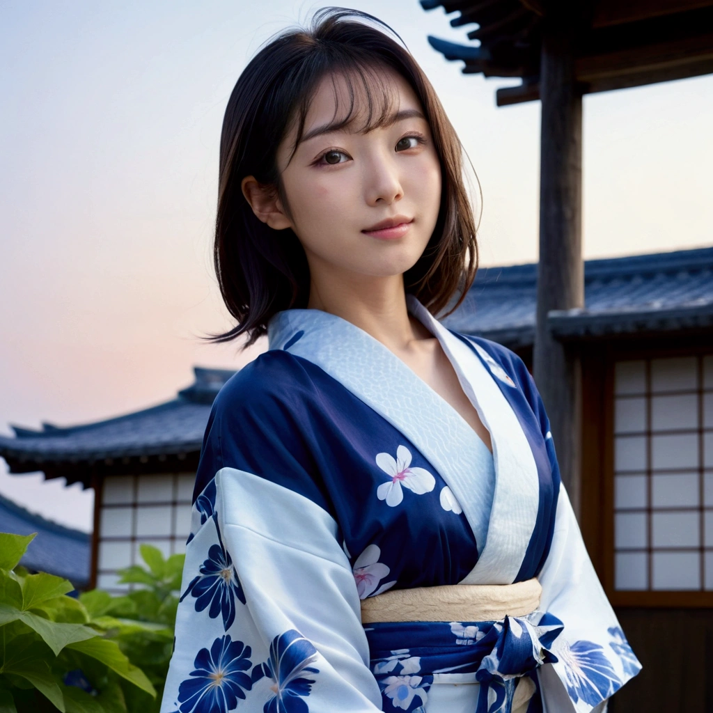 (masterpiece、high resolution、high quality)、Beautiful Japanese Women:1.3,Model Body Type、Beautiful body、Japanese Yukata、Soaring、night、Laughter、Clear Eyes、Flat Chest、Beautiful Skin、Yukata Beauty、Morning glory pattern yukata、Cool Summer、Professional Photography、