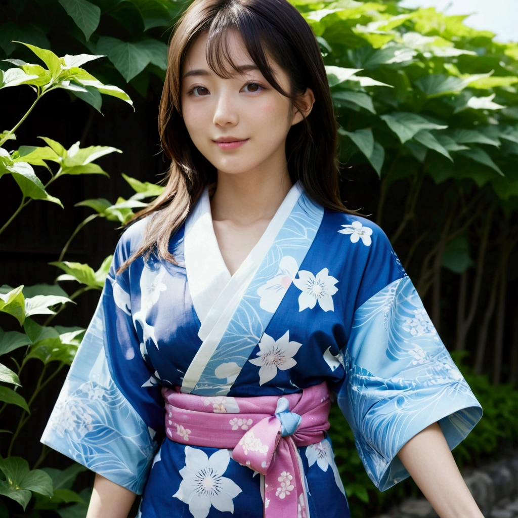 (masterpiece、high resolution、high quality)、Beautiful Japanese Women:1.3,Model Body Type、Beautiful body、Japanese Yukata、Soaring、night、Laughter、Clear Eyes、Flat Chest、Beautiful Skin、Yukata Beauty、Morning glory pattern yukata、Cool Summer、Professional Photography、