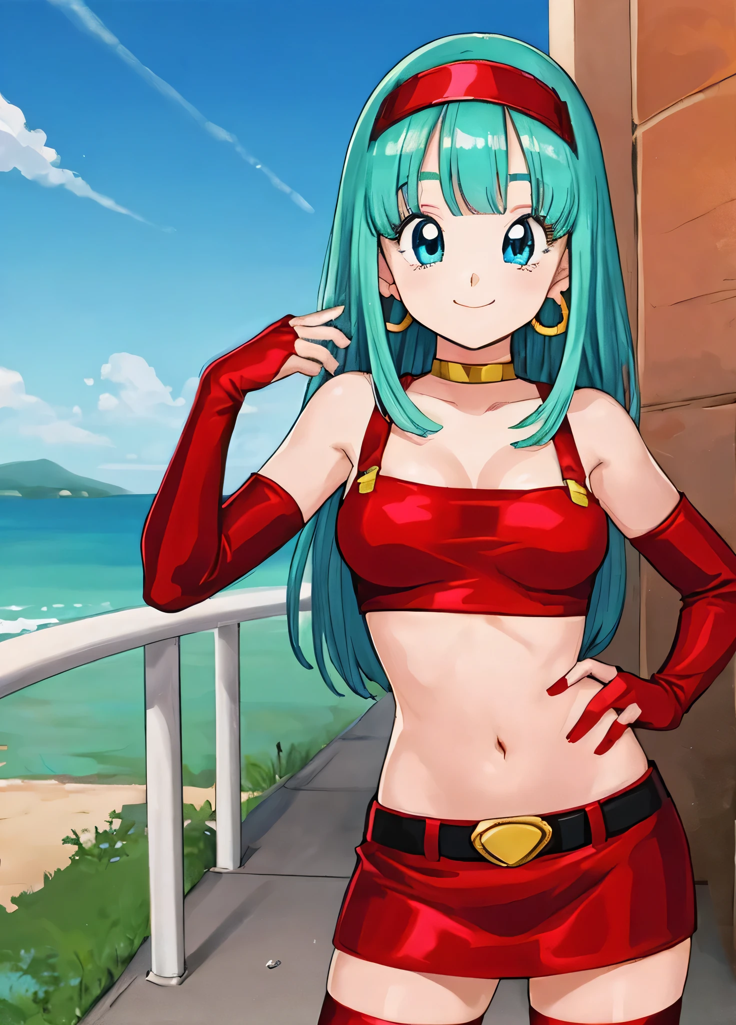 masterpiece, best quality, best quality, lifelike, perfect anatomy, perfect face, perfect eyes, aqua hair, brabladbgt, red headband, red gloves, Red cropped top, blue eyes, red pencil skirt, hoop earrings, collar, 1 girl, outdoor, sexy pose, smile
