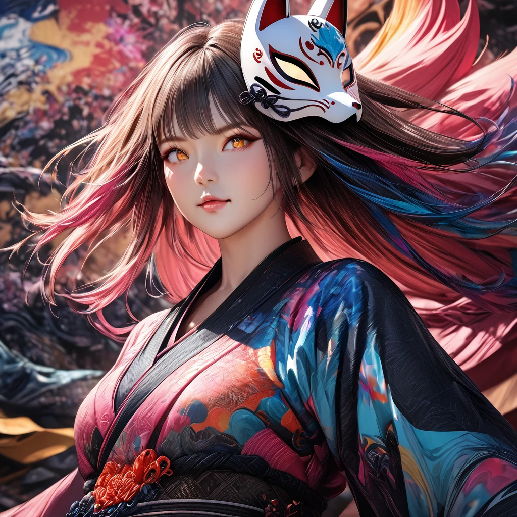 (masterpiece, photorealistic, high resolution, best quality:1.2), (((detailed face))), (((cute face 1.0))), (((Babyface 1.0))), (((Healthy Skin))), (((Detailed body))), (((Model Body Type))), (((Perfect podiline))), 1girl, solo, medium breast, fox mask, 8k, brendanime, ultra detailed, beautiful and aesthetic, (abstract backgrounds:1.5), a burst of colorful hair - blue, pink, and multicolored -, golden eyes, dynamic pose, medium breast, elegant, fantastic atmosphere, highly detailed skin and facial textures:1.2, ultra detailed eyes