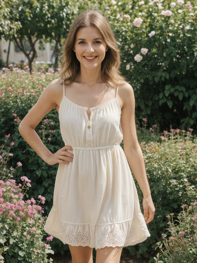 Chloe Laurent, 1girl, solo, realistic, (((consistent face and image))), ((Caucasian mature)), ((French woman)), ((French nose)), ((French lips)), ((French body and skin)), ((upper body and upper legs)), A model in a sundress walking through a garden or outdoor market, smiling