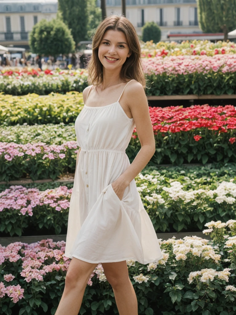 Chloe Laurent, 1girl, solo, realistic, (((consistent face and image))), ((Caucasian mature)), ((French woman)), ((French nose)), ((French lips)), ((French body and skin)), ((upper body and upper legs)), A model in a sundress walking through a garden or outdoor market, smiling
