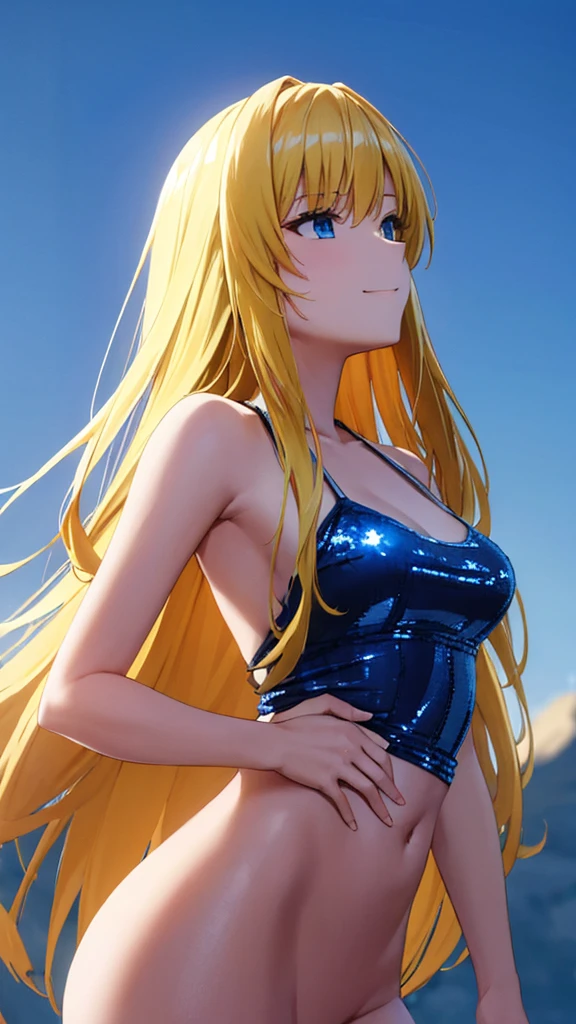 (masterpiece:1.3), (best quality:1.1), (8k, ultra detailed, ultra high res:1.2), ((anime style)), perfect 5 fingers, perfect anatomy,
1girl,
BREAK long hair, wavy hair,
(blonde hair),
(blue eyes),
medium , camisole, (Sequins:1.2),
BREAK smile,
(gazing skyward:1.5),
cowboy shot,
white background,
