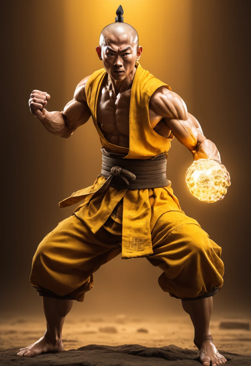 award wining professional full body portrait of muscular Chinese monk with hand armor from iron like  tenshinhan dragon ball Z style, Chinese ancient style,  kung-fu stance, tanned sweat realist detailed skin, imminent fight,raging opened mouth detailed face, chi, ultra detailed hands and fingers, high quality hands and fingers, (clenched fists radiate yellow light from within, transparent fist skin, veins, bones:1.6),( power aura, aura of power, distorted air around him:1.6), motion blur, movie shot, photo realism, Movie Still, Film Still, Cinematic, Cinematic Shot, Cinematic Lighting, forgotten Buddhist temple background,  crazy details, movie grain, ultra high definition, cg rendering, volume lighting, unreal engine, 