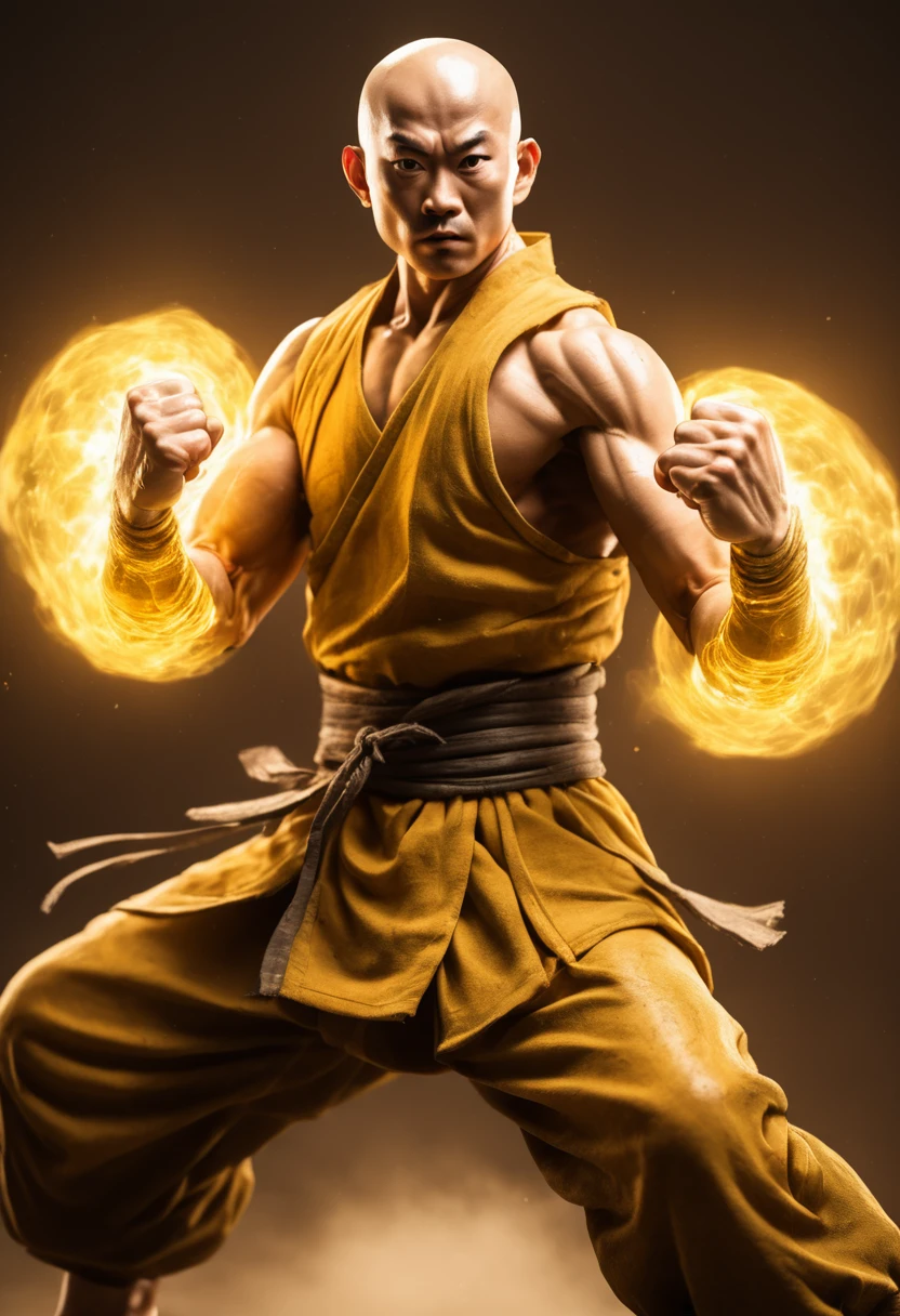 award wining professional full body portrait of muscular Chinese monk with hand armor from iron like tenshinhan dragon ball Z style, Chinese ancient style, kung-fu stance, tanned sweat realist detailed skin, imminent fight,raging opened mouth detailed face, chi, ultra detailed hands and fingers, high quality hands and fingers, (clenched fists radiate yellow light from within, transparent fist skin, veins, bones:1.6),( power aura, aura of power, distorted air around him:1.6), motion blur, movie shot, photo realism, Movie Still, Film Still, Cinematic, Cinematic Shot, Cinematic Lighting, forgotten Buddhist temple background, crazy details, movie grain, ultra high definition, cg rendering, volume lighting, unreal engine,