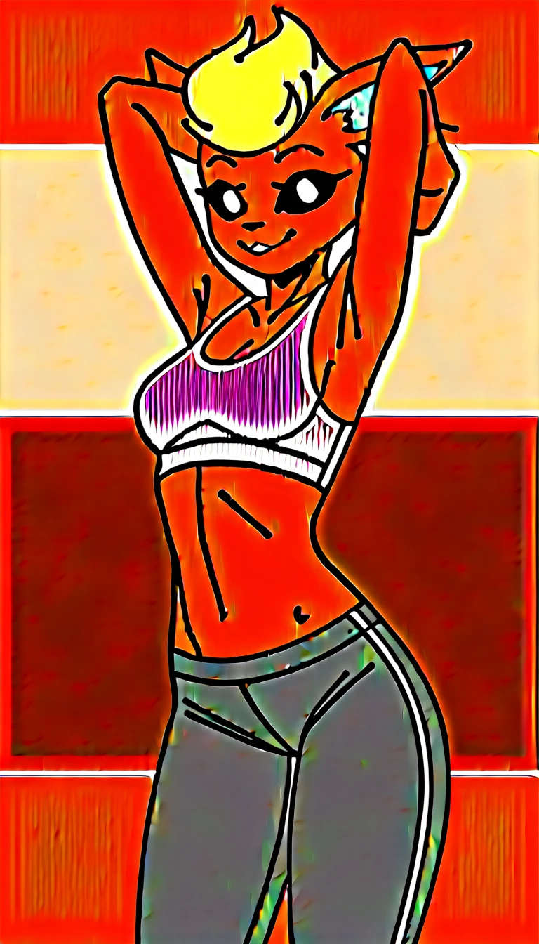 Excited expression, 1girl, anthro, furry, fur, fluffy fur, flareon girl, yellow hair (red highlights), black sclera, white eyes, pony tail hair, Messy hair, (19 years), medium breast, thicc thighs, solo, (gym), sunset, detailed, smug smile, sports top, sport pants, (sweating), (vapor), (arms stretching), score_9, score_8_up, score_7_up, score_6_up, score_5_up, score_4_up