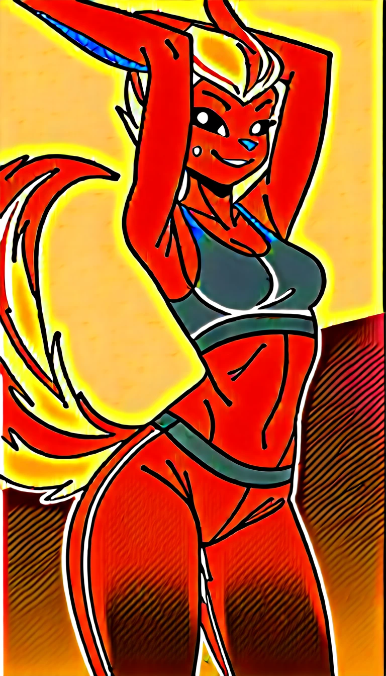 Excited expression, 1girl, anthro, furry, fur, fluffy fur, flareon girl, yellow hair (red highlights), black sclera, white eyes, pony tail hair, Messy hair, (19 years), medium breast, thicc thighs, solo, (gym), sunset, detailed, smug smile, sports top, sport pants, (sweating), (vapor), (arms stretching), score_9, score_8_up, score_7_up, score_6_up, score_5_up, score_4_up