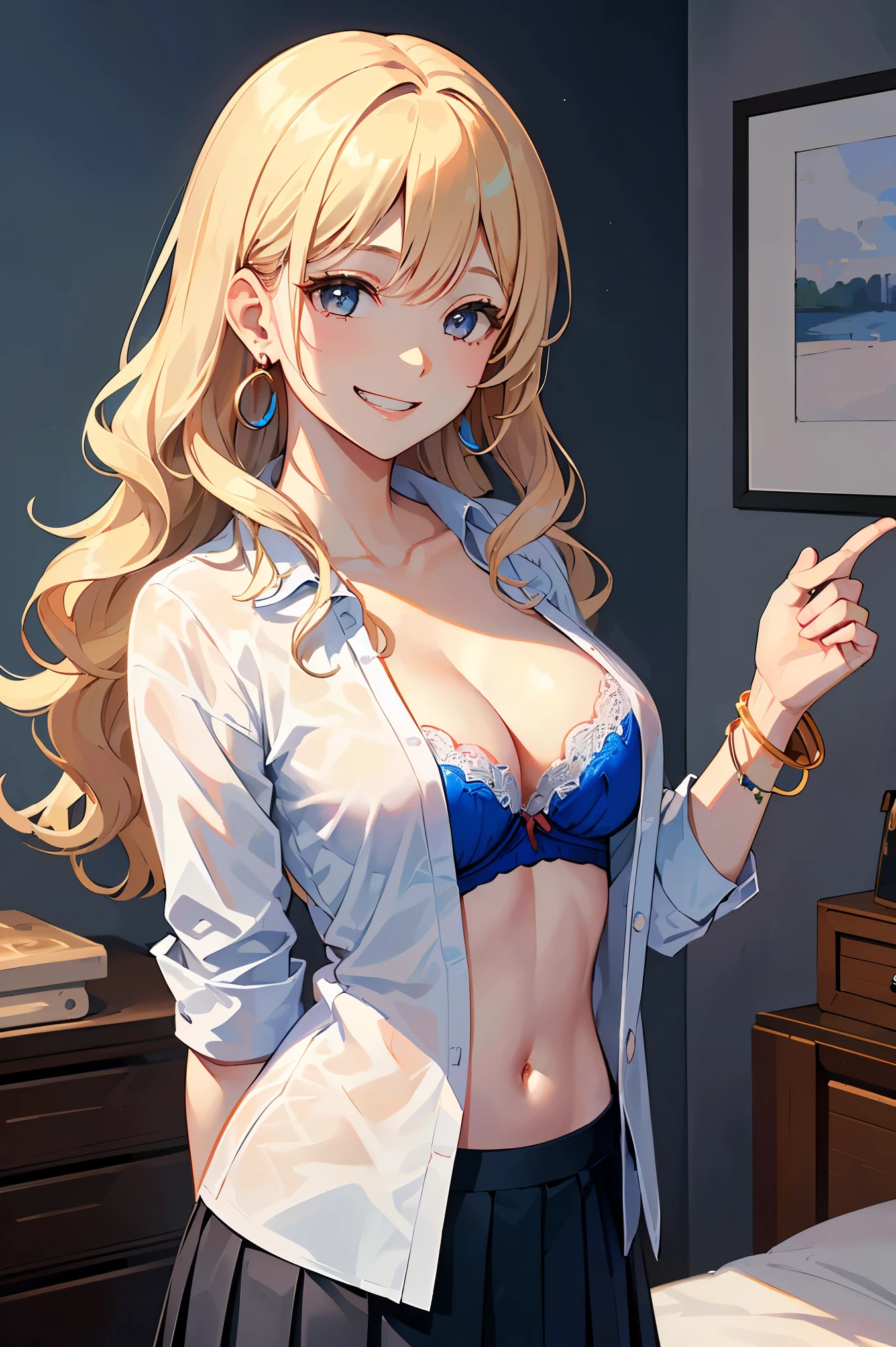 ((masterpiece、Highest quality、Very detailed))、One Girl、Improve、blonde、Long Hair、Wavy Hair、Grey Eyes、Wicked Smile、((Grin))、Pink Lips、((there are a lot of earrings))、Large Breasts、((White shirt))、((Open clothes))、((Open shirt))、((Blue Bra))、((Black pleated skirt))、bracelet、Cowboy Shot、((I had already finished))、Bedroom Background