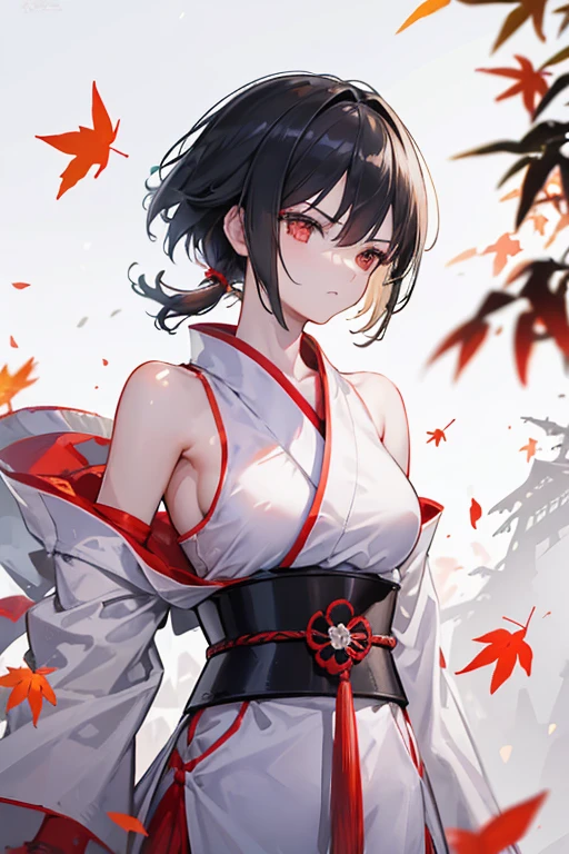 Female Samurai Photos, Attitude to battle, short hair, Hair tied back, With a sword drawn from its sheath, Ready for battle, wearing a samurai costume (kimono) (Bamboo forest wind), (The wind blew the leaves away), Cut her shoulder ( High skin detail: 1.2), 8K Ultra HD, Single-lens reflex camera, Soft lighting, high quality, Film Grain, Fujifilm XT3