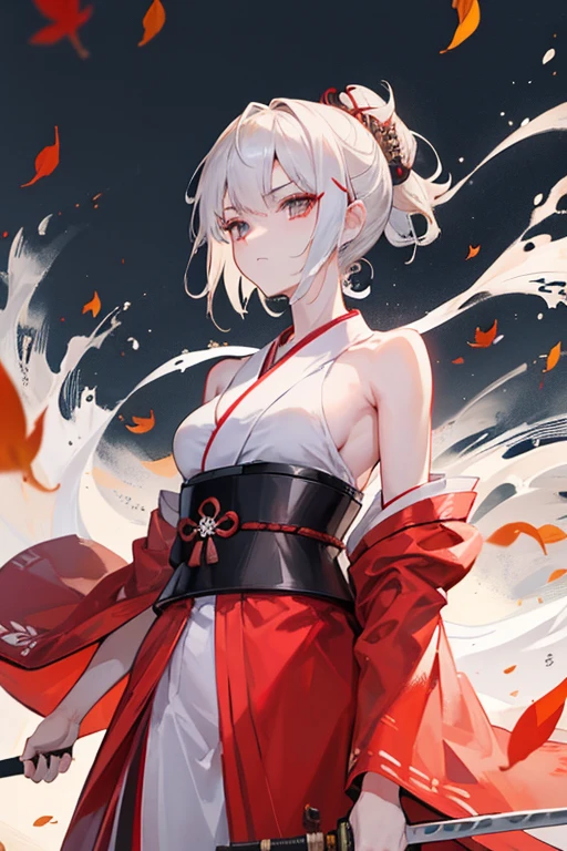 Female Samurai Photos, Attitude to battle, short hair, Hair tied back, With a sword drawn from its sheath, Ready for battle, wearing a samurai costume (kimono) (Bamboo forest wind), (The wind blew the leaves away), Cut her shoulder ( High skin detail: 1.2), 8K Ultra HD, Single-lens reflex camera, Soft lighting, high quality, Film Grain, Fujifilm XT3