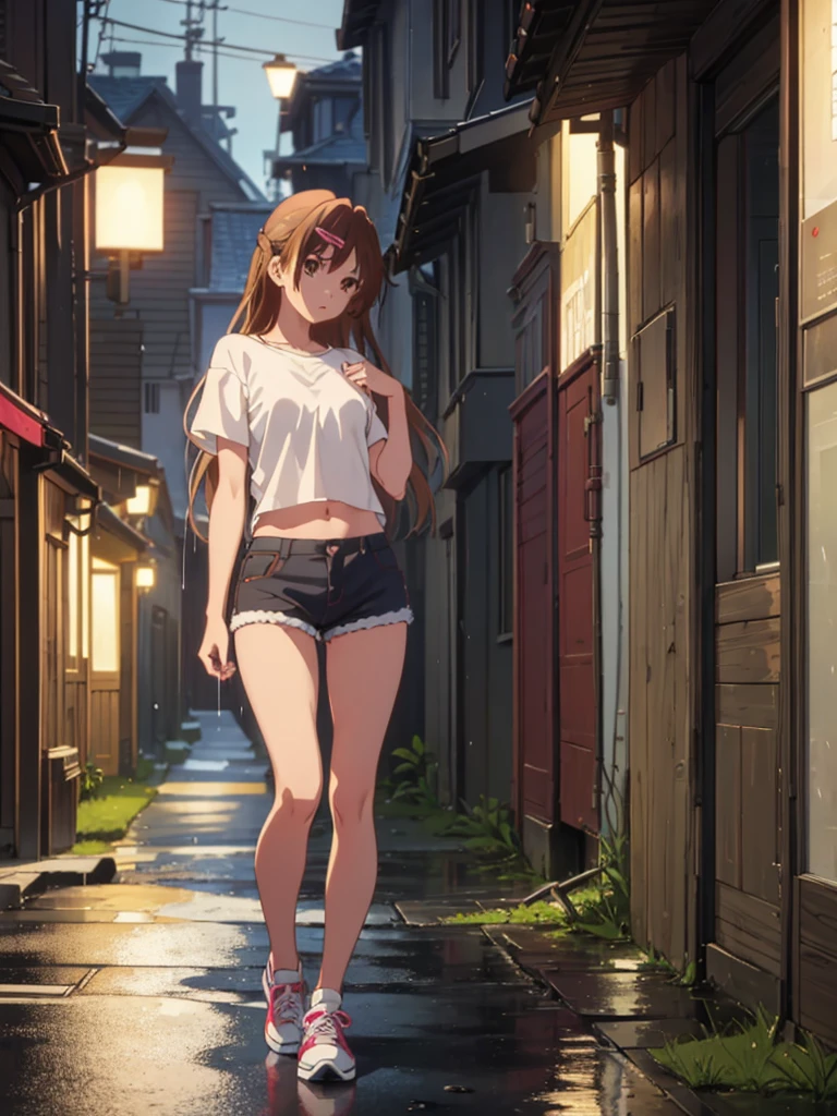 Girl, short tight shorts, Short unbuttoned shirt, Bare breasts, chest visible, street background, Narrow passage between houses, night, rain, slim body, In full growth, Sneakers , small breast,