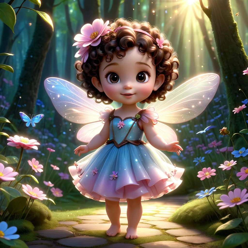a baby fairy pixar 3d the fairy is a one year old baby fairy has fair skin brown eyes and dark brown curly hair, with well defined curls, very short hair, decorated with flowers, She is wearing a tulle fairy dress pink decorated with flowers, its wings are translucent pink and blue. The fairy is in a beautiful forest lit by sunlight and appears full body, with magical fairy dust.