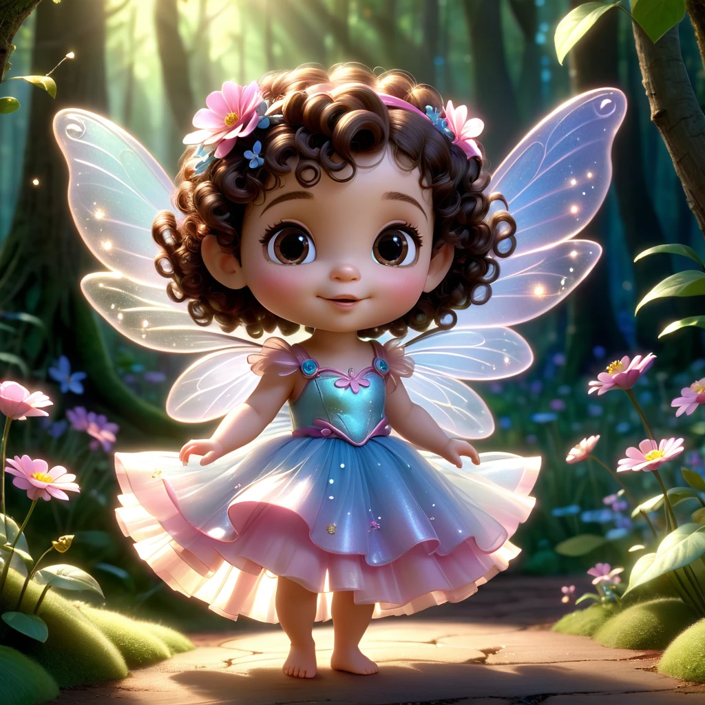 a baby fairy pixar 3d the fairy is a one year old baby fairy has fair skin brown eyes and dark brown curly hair, with well defined curls, very short hair, decorated with flowers, She is wearing a tulle fairy dress pink decorated with flowers, its wings are translucent pink and blue. The fairy is in a beautiful forest lit by sunlight and appears full body, with magical fairy dust.