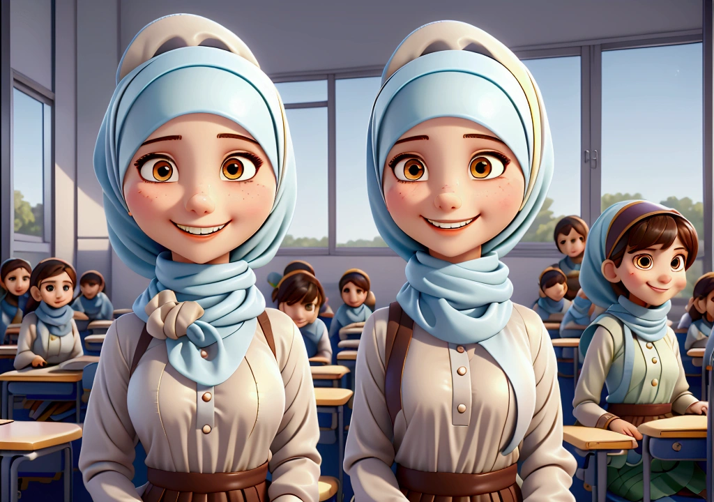A beautiful girl with a modern Islamic hijab tied around her neck, her dress is long and modest, smiling and looking happy, Disney Pixar style cartoon, at school in the classroom with her student friends