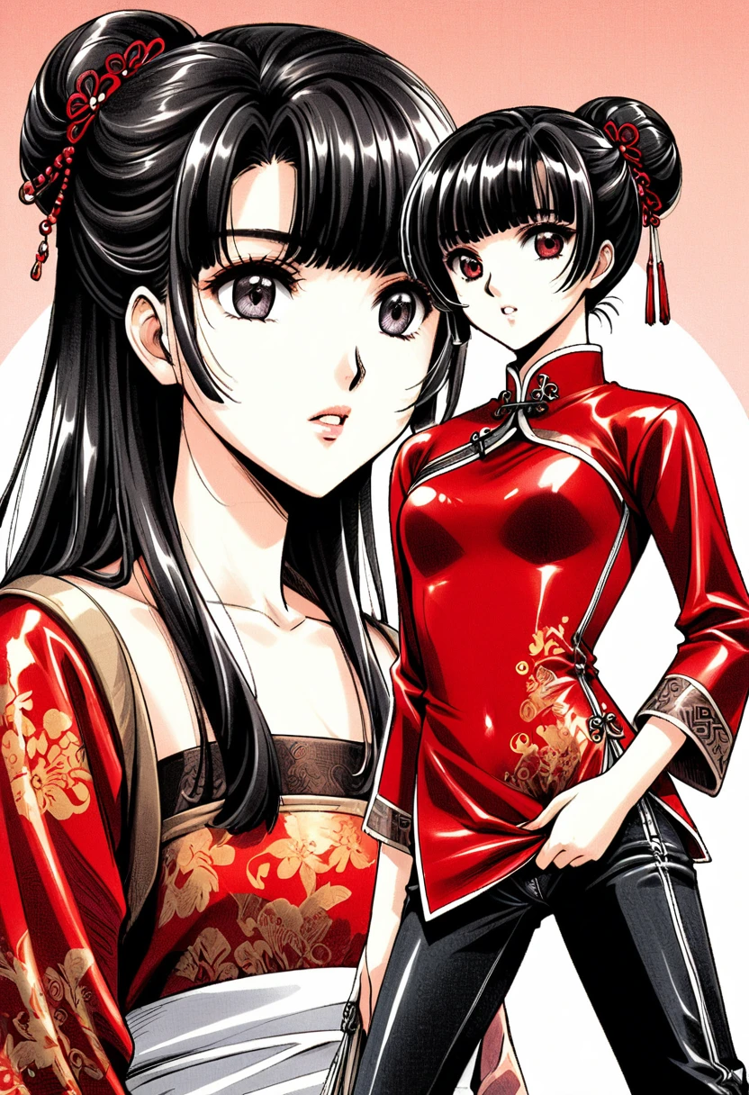 Period drama manga style A 15-year-old super beautiful Chinese young lady with black hair in a bun cut wearing a super shiny red long-sleeved Chinese dress She wears pants with a zipper at the crotch