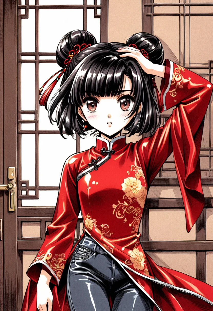 Period drama manga style A 15-year-old super beautiful Chinese young lady with black hair in a bun cut wearing a super shiny red long-sleeved Chinese dress She wears pants with a zipper at the crotch