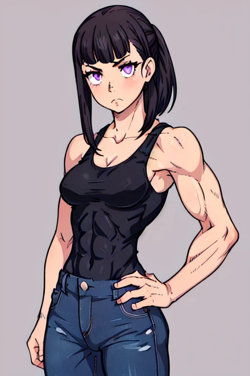 (masterpiece, best quality:1.2), solo, 1girl, valmet, muscular, abs, expressionless, looking at viewer, hand on hip, purple eyes, black tank top, jeans