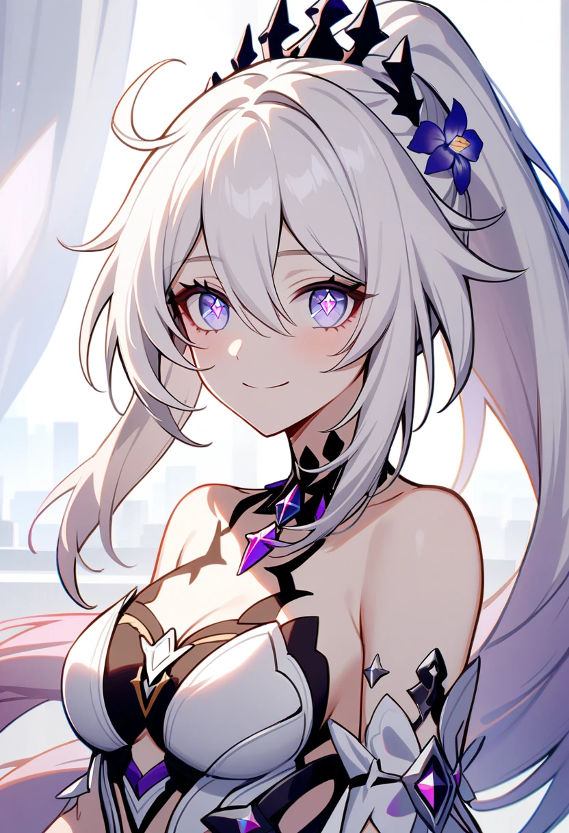 1girl, Kiana Kaslana \(Herrscher of Finality), Honkai Impact 3rd, ponytail, smile, (extremely detailed eyes:1.37), (diamond-shaped irises:1.5)