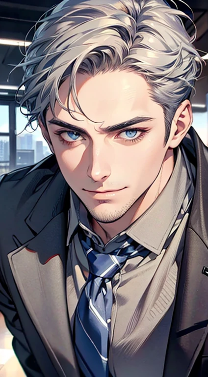 (best quality,4k,8k,highres,masterpiece:1.2),ultra-detailed,(realistic,photorealistic,photo-realistic:1.37),1 man,31 years old,mature man,very handsome,without expression,smile,short grey blue hair,blue eyes,penetrating gaze,perfect face without errors,imposing posture,businessman,office background,cinematic lighting,hdr image