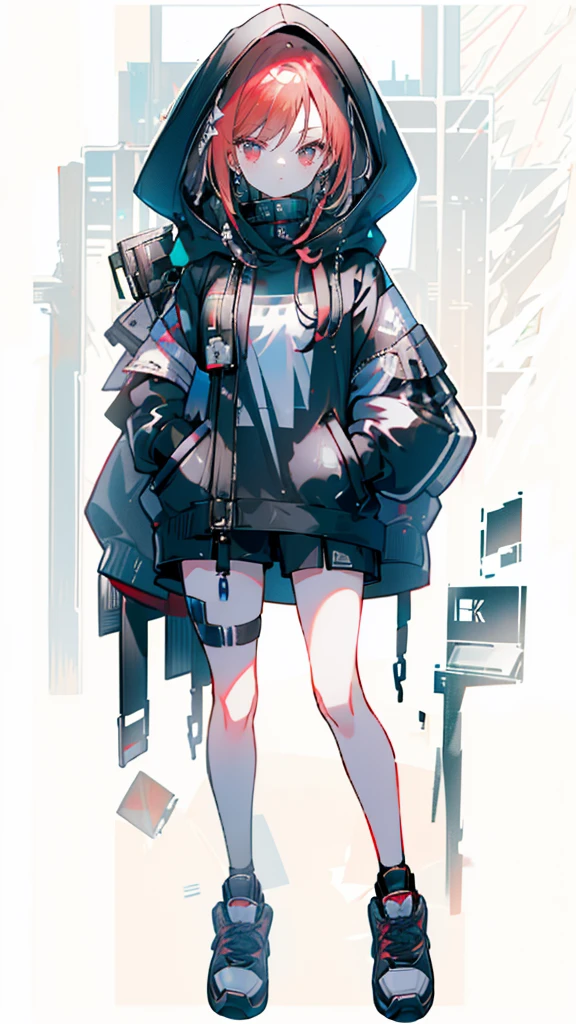 a beautiful redhaired girl, rose-colored eyes, cyberpunk style, hand in pocket, black hoodie, sneakers, (best quality, 4k, 8k, highres, masterpiece:1.2), ultra-detailed, (realistic, photorealistic, photo-realistic:1.37), hyperrealistic, intricate details, vibrant colors, dramatic lighting, cinematic composition, dynamic pose, moody atmosphere