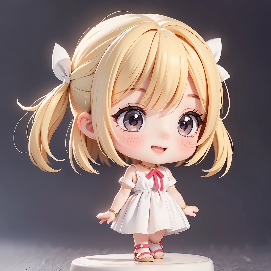  Super Chibi Character：1.8、wearing cute sandals、background：Simple all over、Blonde Hair、Cute 7 year old girl、Random cute outfits、Short legs、Sandals with ribbon、Cute pose、Super Happy Smile：1.8
