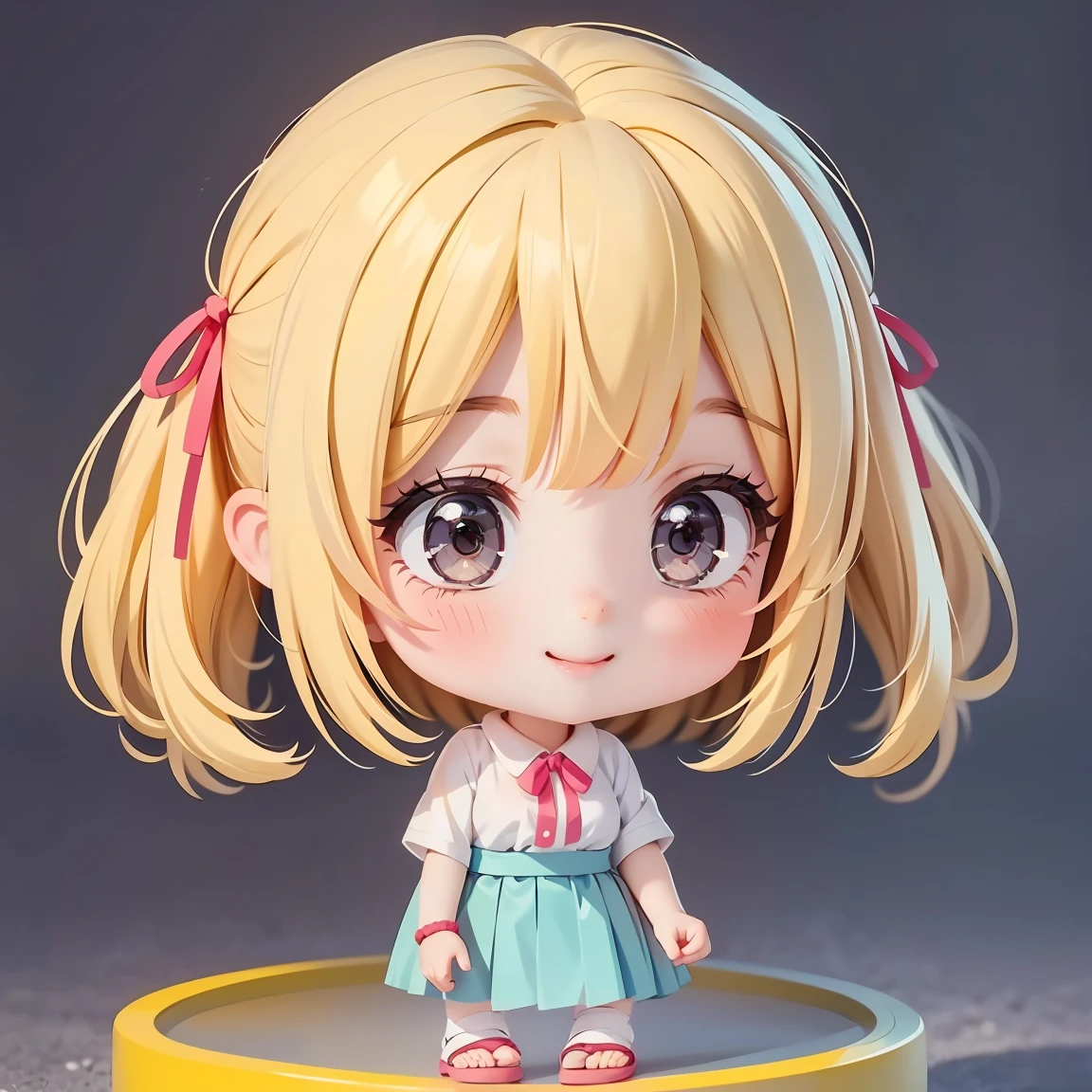 Super Chibi Character:1.8、wearing cute sandals、background:Simple all over、Blonde Hair、Cute 7 year old girl、Random cute outfits、Short legs、Sandals with ribbon、Cute pose、Super Happy Smile:1.8