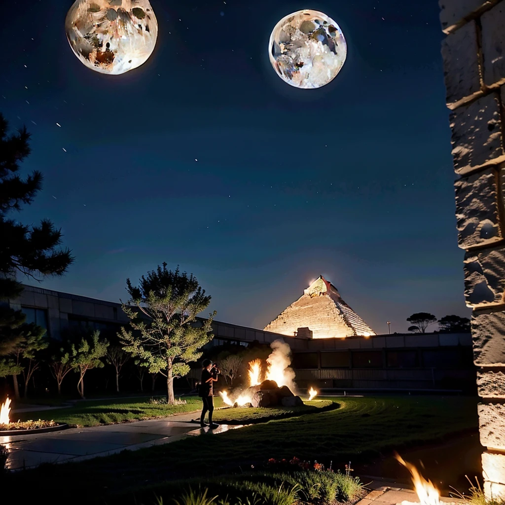 exist，A person wears VR glasses，See the magnificent pyramids，Game CG，Extremely high resolution，exist赛博朋克城市，moon，night，There are torches near the pyramids