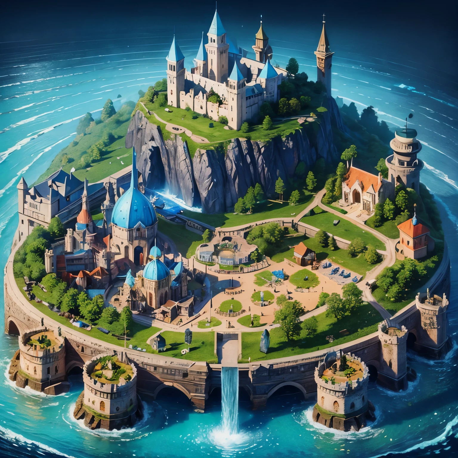 A small magical medieval island city, top-down view, surrounded by walls, houses, various important locations, small wizard's castle, medieval architecture, luminous details, wizard's tower with magical lights, welcoming asylum, vibrant school, robust bank, dark dungeon entrance, lively tavern, military training grounds, bustling market, official mayor's building, discreet brothel, port with docks and boats, blue surrounding water, protective walls, vibrant colors, extreme detail, around 40 people living in the city, D&D map, highly detailed, drawn with extreme detail, alone in the ocean, really small island, rpg drawing, fantasy sketch, various buildings