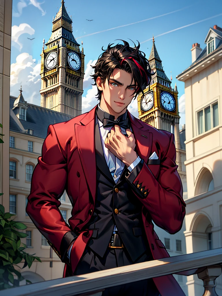 man, 32 years, black hair with wine red highlights, semi marked jaw, noticeable muscles, well-formed pectorals, amber eyes, wearing an elegant suit with a medical large tunic, I would be looking out of a balcony of a building and in the background I would see a clock tower like the Big Bang in London., well drawn hands, well drawn body.