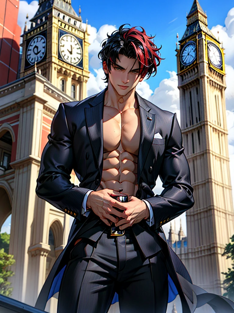 man, 32 years, black hair with wine red highlights, semi marked jaw, noticeable muscles, well-formed pectorals, amber eyes, wearing an elegant suit with a medical large tunic, I would be looking out of a balcony of a building and in the background I would see a clock tower like the Big Bang in London., well drawn hands, well drawn body.