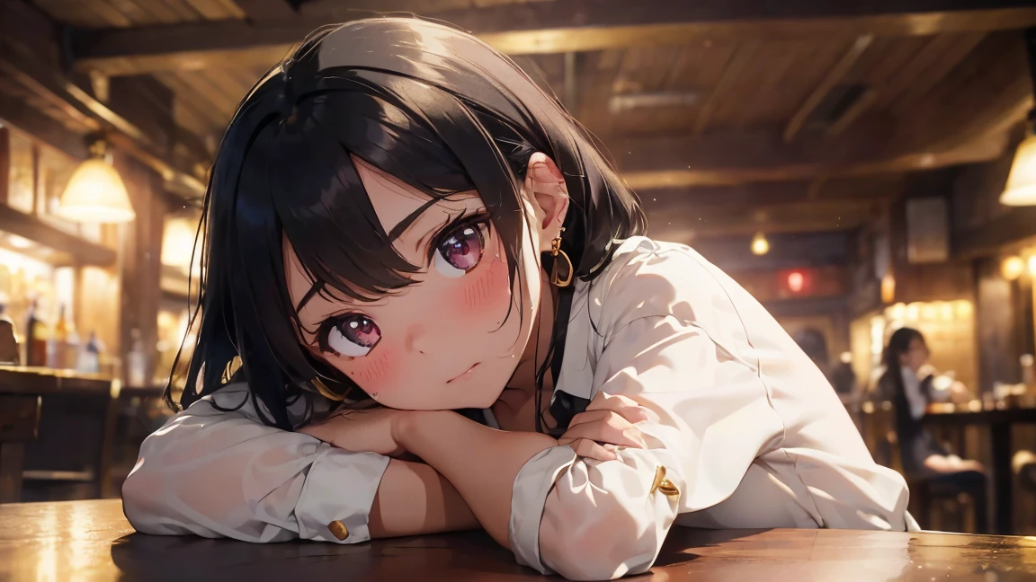 Tabletop, Highest quality, 1 Girl, On my back, Lying face down on the table, (((Dirty black hair, white blouse shirt, Gold earrings))), (Drunk:1.5), (blush:1.3), (Sitting, I'm drinking beer:1.3, sweating:1.3), ((There are lots of big beer mugs:1.2))
((indoor, night, Pub)), (Sharp focus:1.2), Professional Lighting, Photon Mapping, Radio City, Physically Based Rendering